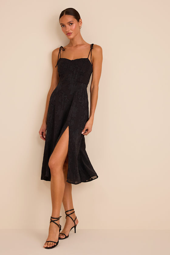 Loveliest Looks Black Floral Jacquard Tie-Strap Midi Dress 2