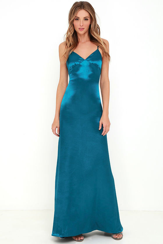 teal satin dress long