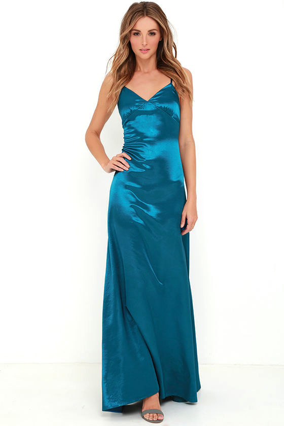 Sexy Teal Blue Dress - Satin Dress - Maxi Dress - $68.00