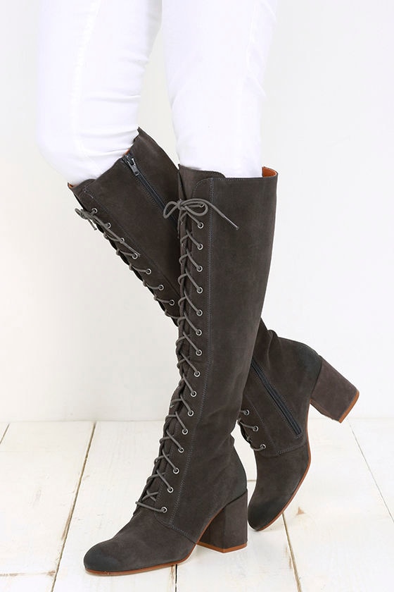 【PORTERNA】Dinte Suede Lace-Up Boots Cute Grey Boots - Suede Boots - Lace-Up Boots - Knee High