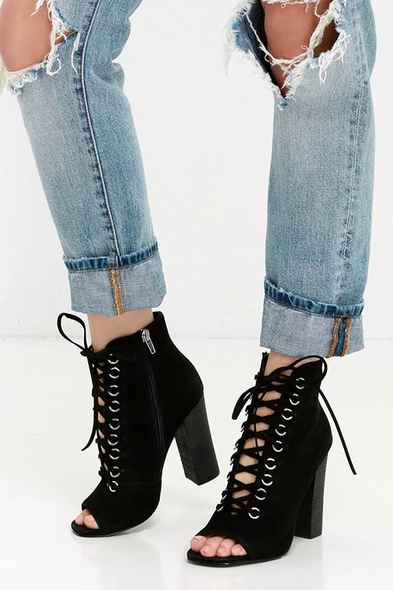 black peep toe lace up booties