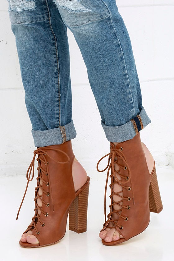 Lace-Up Booties - Peep Toe Heels - Tan Booties - $38.00