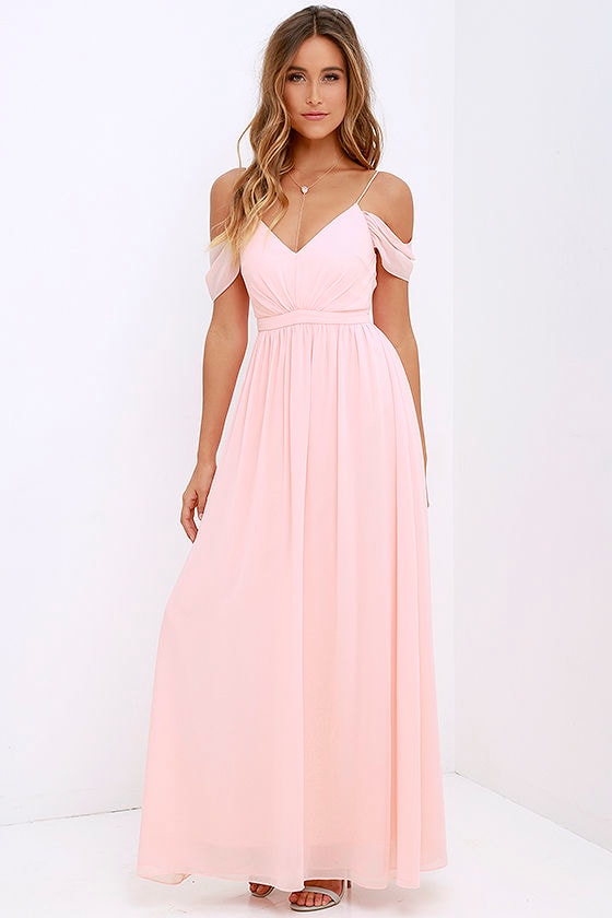 blush off the shoulder maxi dress