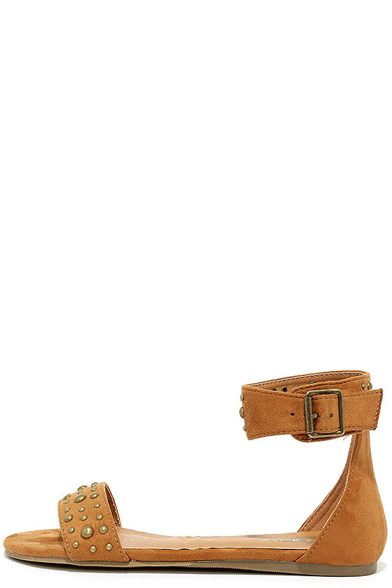 flat tan sandals with ankle strap