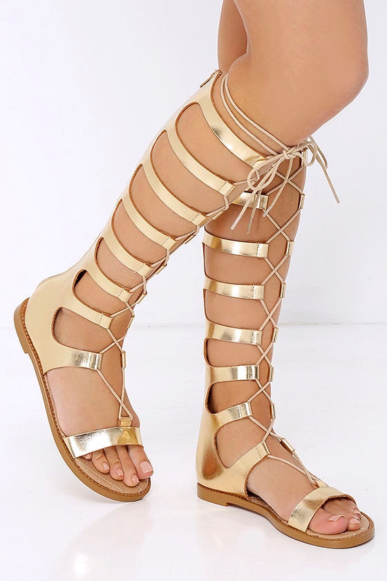 gold gladiator sandals knee high