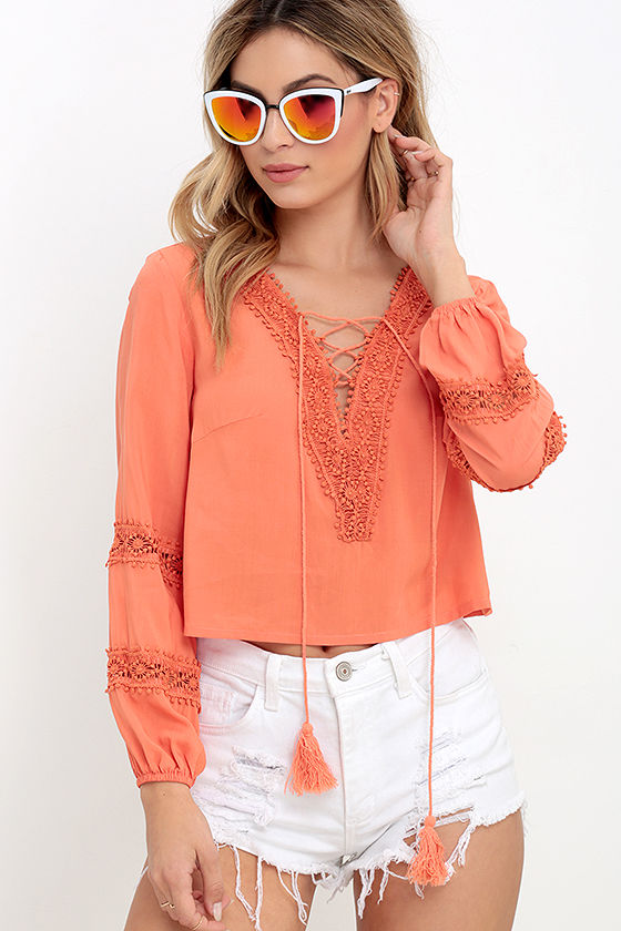 By My Oceanside Coral Lace-Up Top 1