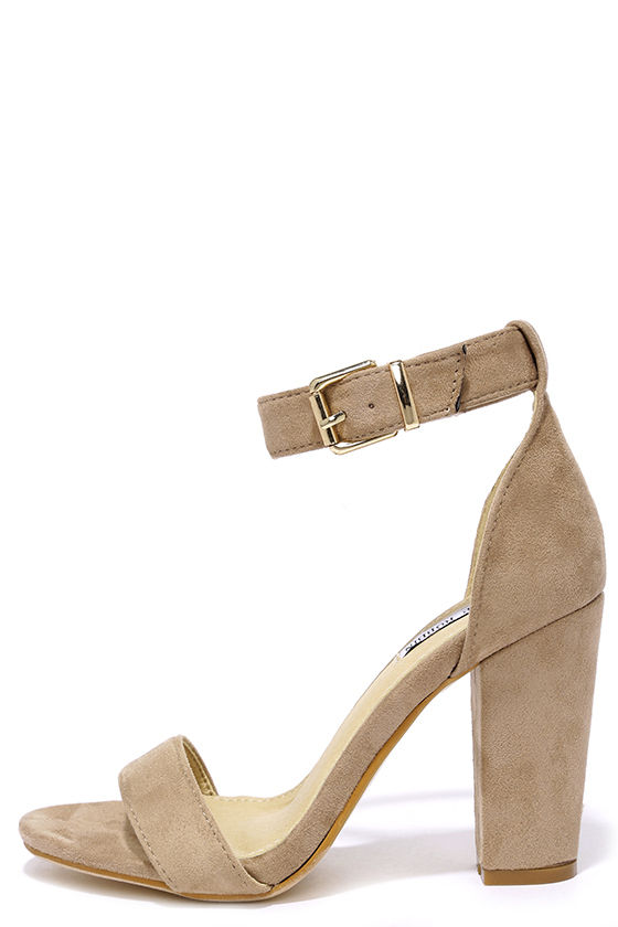 taupe suede ankle strap heels