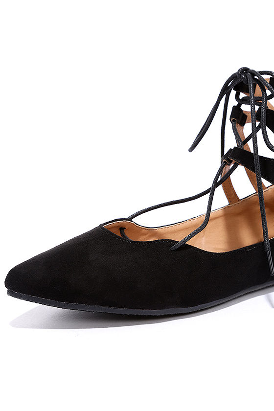 black pointed toe lace up flats