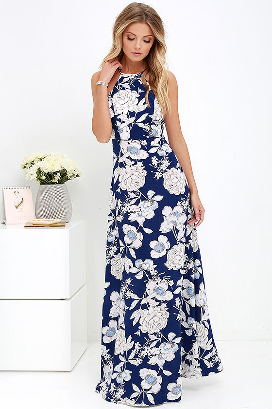 Lovely Blue Floral Print Dress - Maxi Dress - Halter Maxi - $59.00 - Lulus