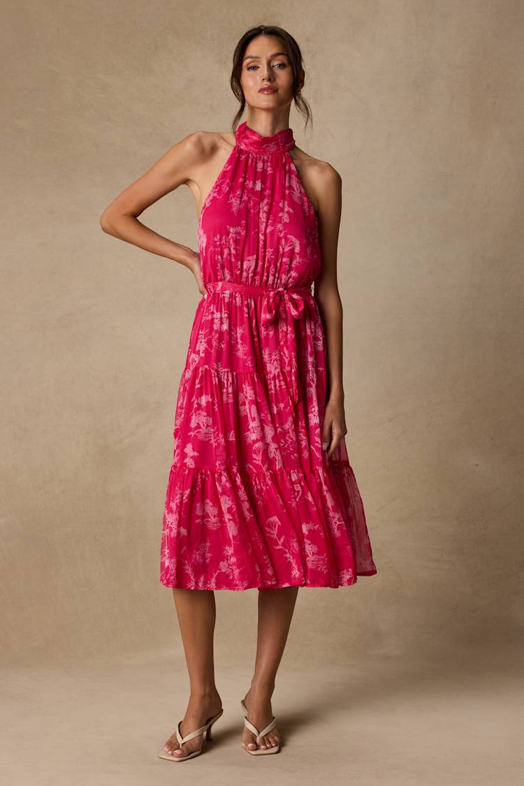 halterneck pink dress Hot Pink Halter Neck Maxi Dress With Rhinestone main image 1