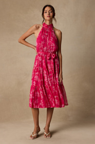 Float to You Hot Pink Floral Print Halter-Neck Tiered Midi Dress 2