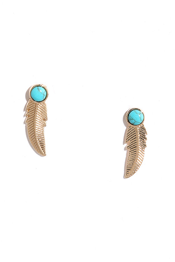 Gold Feather Earrings Turquoise Earrings Cuff Earrings 12.00