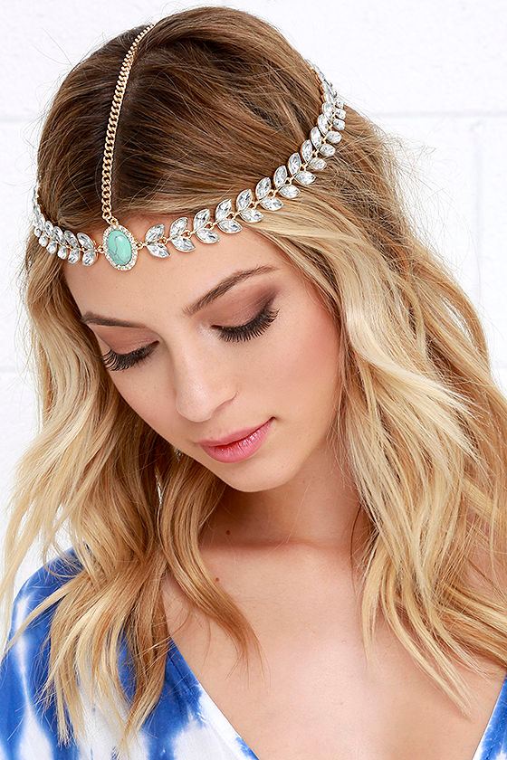 Beautiful Turquoise Headpiece Rhinestone Headpiece Gold Headpiece