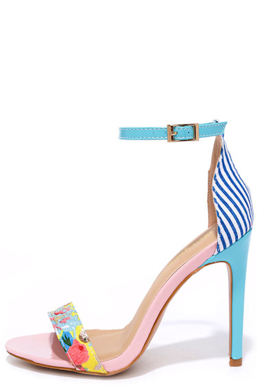 Cute Pink Heels Blue Heels Print Heels Ankle Strap Heels