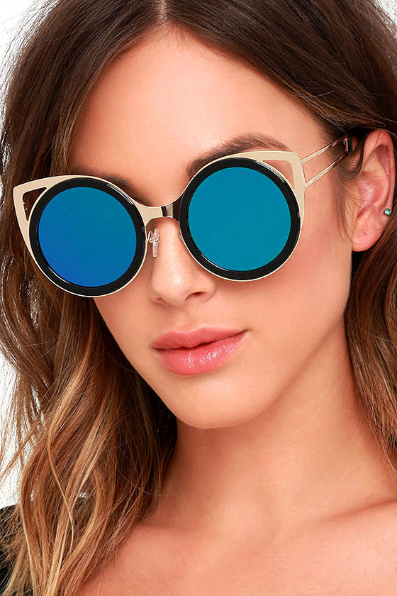 Chic Black and Blue Sunglasses Cat Eye Sunglasses Mirrored