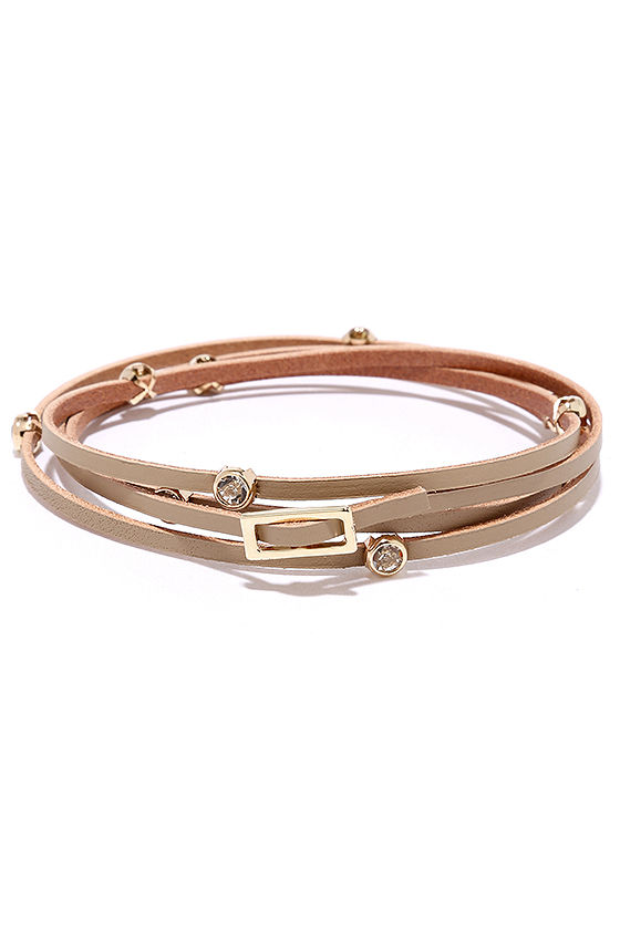 Cute Taupe Wrap Bracelet - Leather Wrap Bracelet - Rhinestone Bracelet ...