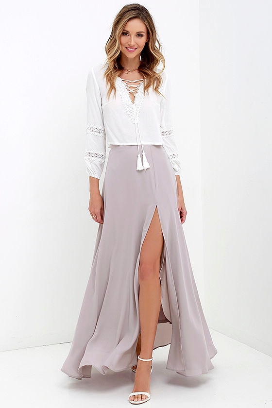 Lovely Taupe Maxi Skirt - High-Waisted Skirt - Slit Maxi Skirt - $49.00 ...