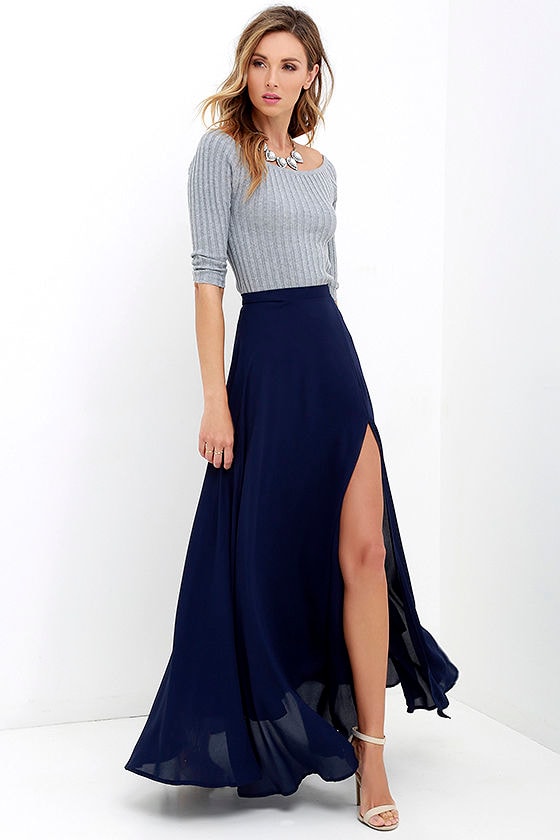 Lovely Navy Blue Maxi Skirt - High-Waisted Skirt - Slit Maxi Skirt