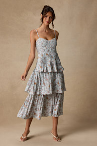 Cascading Crush Pale Blue Floral Print Tiered Bustier Midi Dress 2