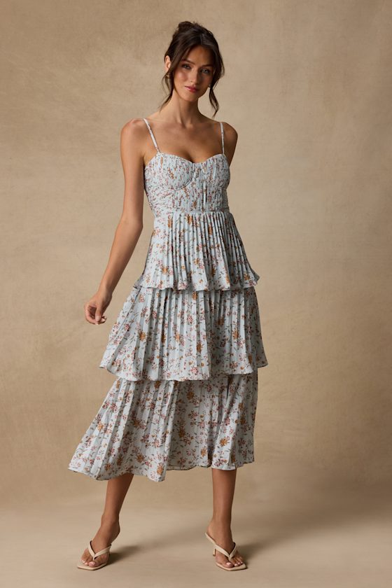 Cascading Crush Pale Blue Floral Print Tiered Bustier Midi Dress 2
