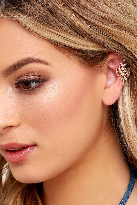 Lovely Gold Ear Cuffs Rhinestone Earrrings Leaf Ear Cuffs 12.00 Lulus
