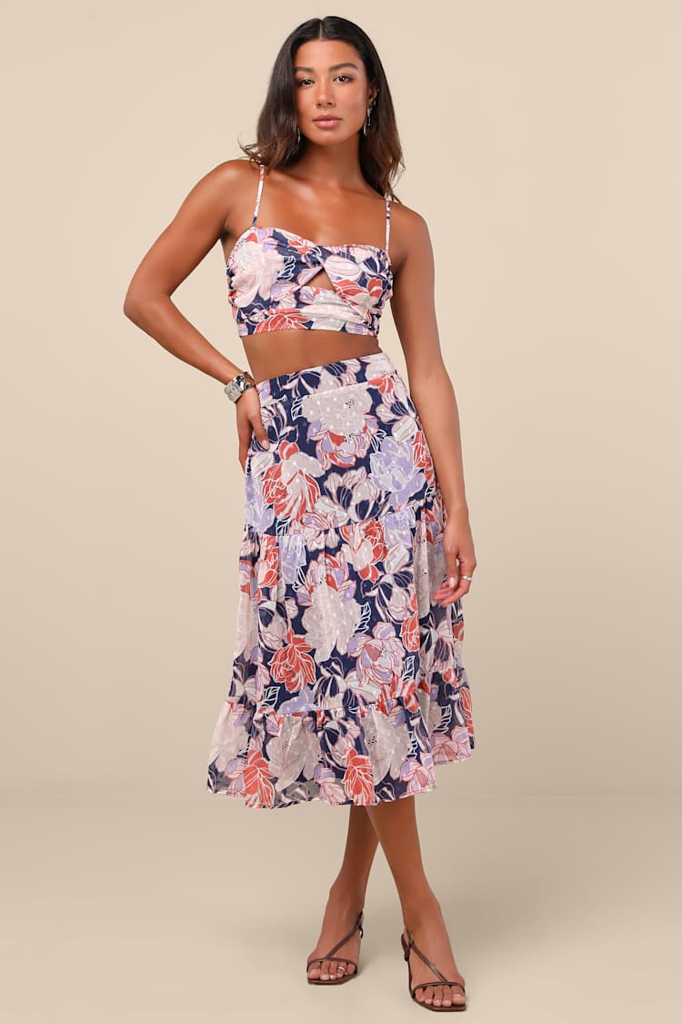 knee length dresses for ladies Dark Blue Maira Floral Euroflax™ Premium Linen Midi Skirt main image 1