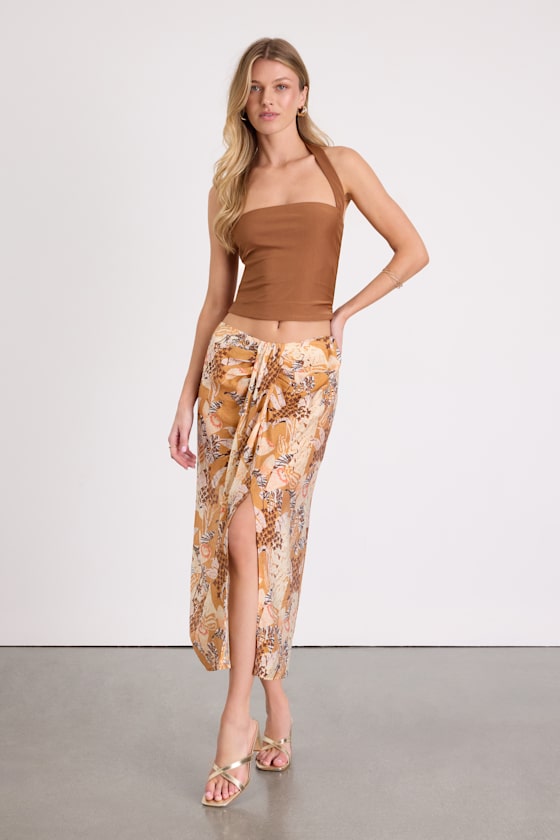 Brown Midi Skirt - Multi Print Midi Skirt - Twist-Front Skirt - Lulus