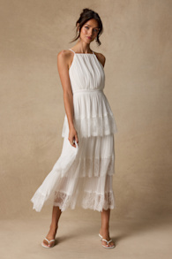 Came For Cocktails White Pleated Tiered Lace Maxi Dress 2