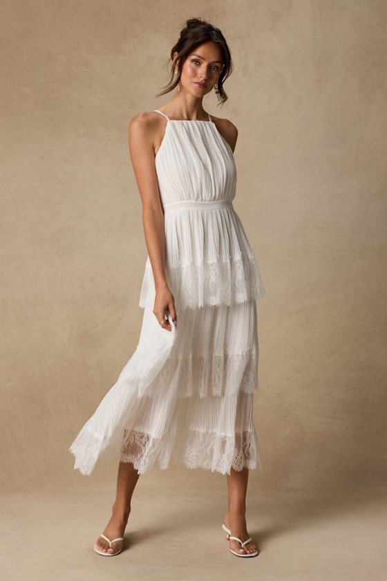 Came For Cocktails White Pleated Tiered Lace Maxi Dress 2