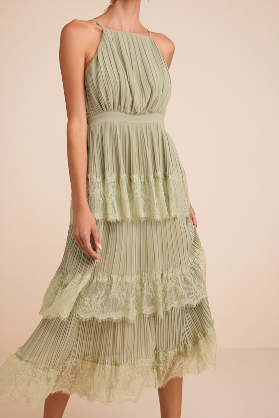 Came For Cocktails Sage Green Pleated Tiered Lace Maxi Dress - thumbnail 4