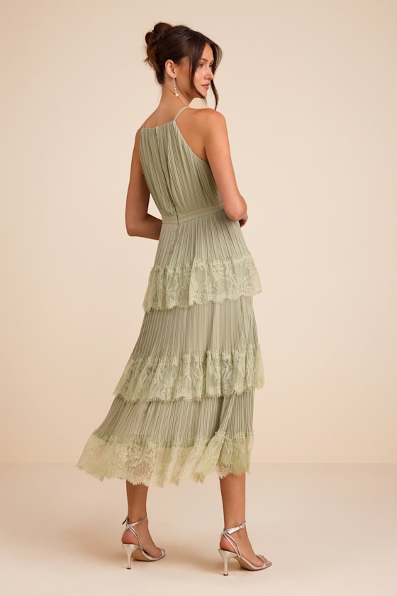 Came For Cocktails Sage Green Pleated Tiered Lace Maxi Dress - thumbnail 3