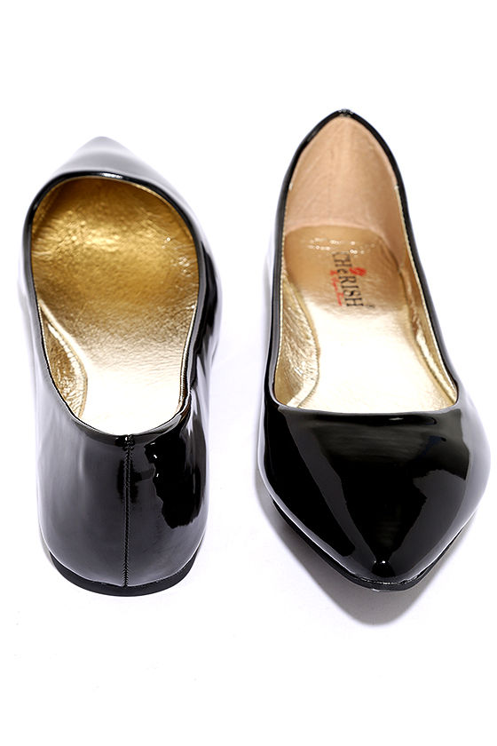 pointed black patent flats