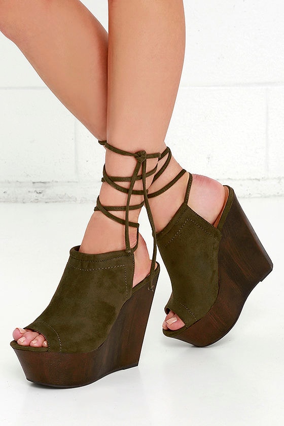 Simply Unstoppable Olive Green Suede Lace-Up Platform Wedges 1