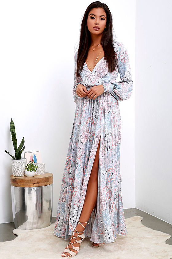 Psyche-Dahlia Blue and Pink Floral Print Maxi Dress