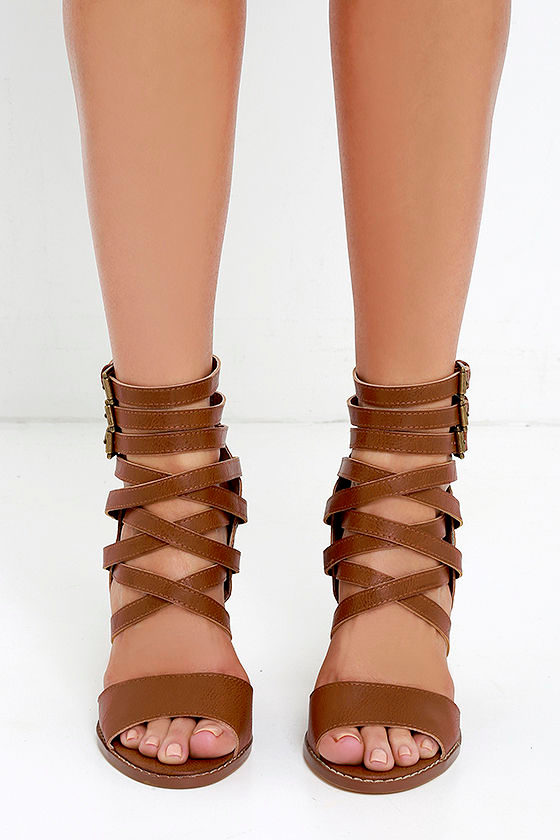 cognac strappy heels
