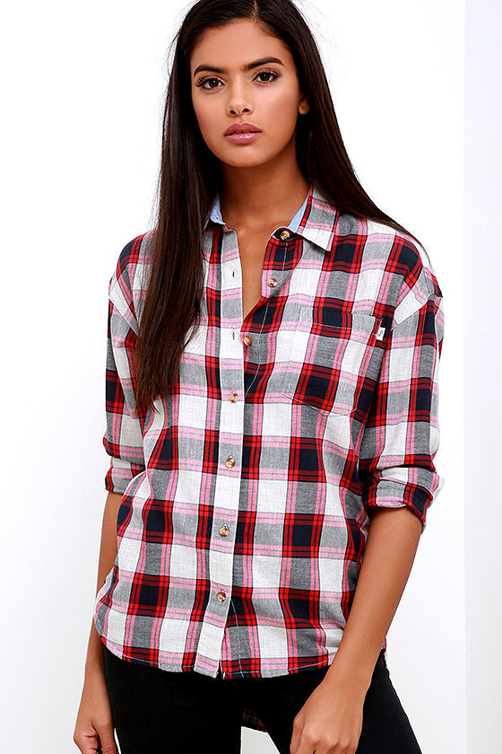 Obey Fischer - Navy Blue and Red Plaid Shirt - Button-Up Top - $65.00 ...