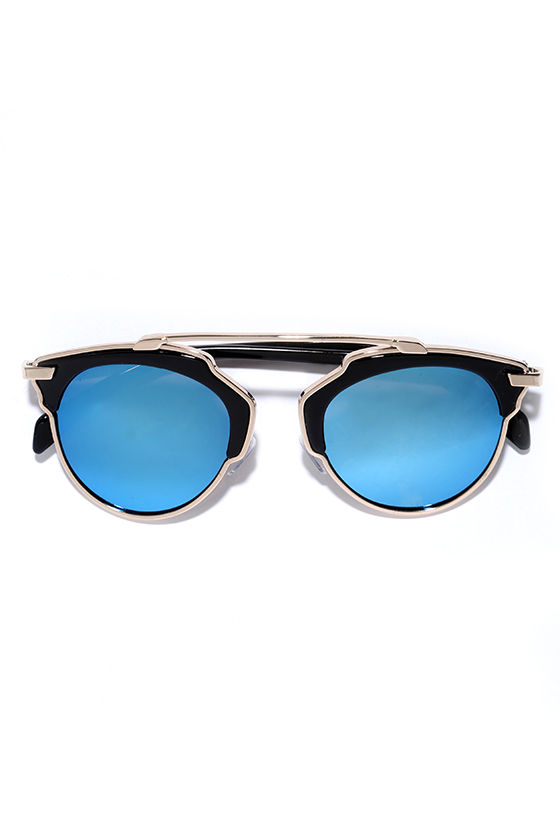Chic Black and Blue Sunglasses - Retro-Inspired Sunglasses - Mirrored
