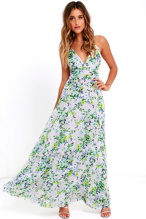 Blue Floral Print Dress - Maxi Dress - Sleeveless Dress - $84.00