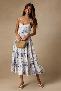 Mykonos Mood Ivory Floral Print Tie-Strap Tiered Midi Dress 2