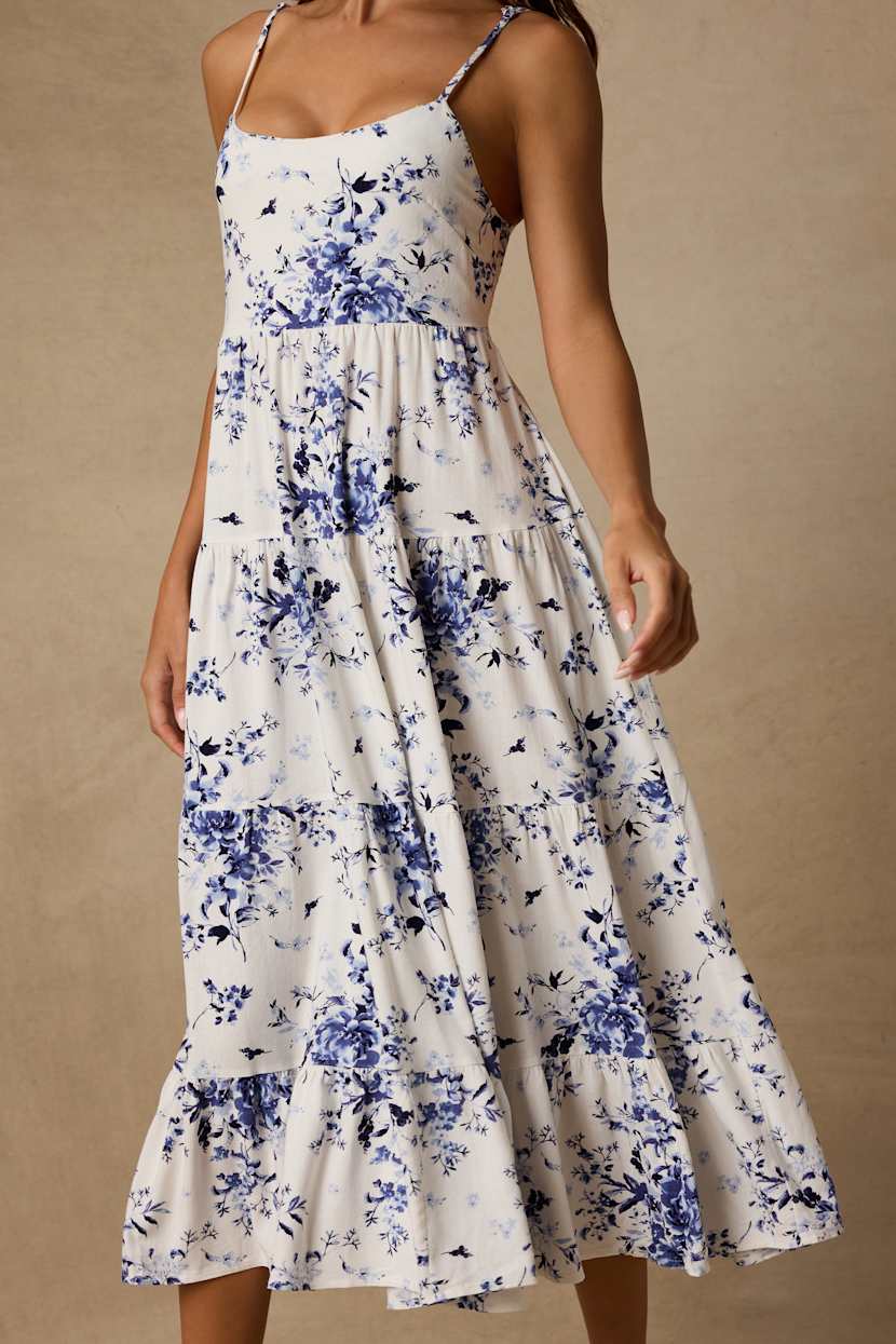 Ivory Floral Print Dress - Tie-Strap Midi Dress - Tiered Dress - Lulus Ivory Floral Print Dress - Tie-Strap Midi Dress - Tiered Dress - Lulus