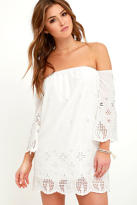 white eyelet off the shoulder dress