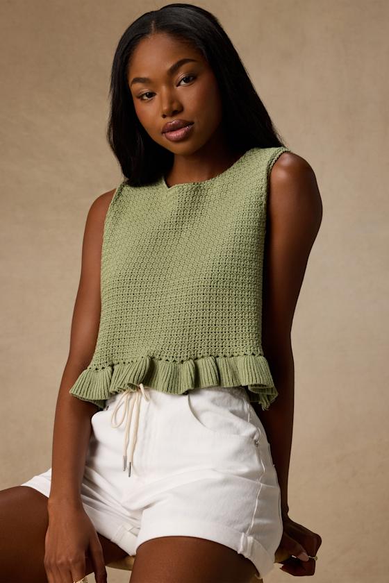 UNOF KNIT TANK TOP ふじあみ Olive Sweater Tank - Knit Tank - Sweater Knit Tank - Ruffled Tank