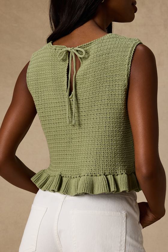 Flouncin' Around Dusty Olive Cropped Ruffled Sweater Tank 3