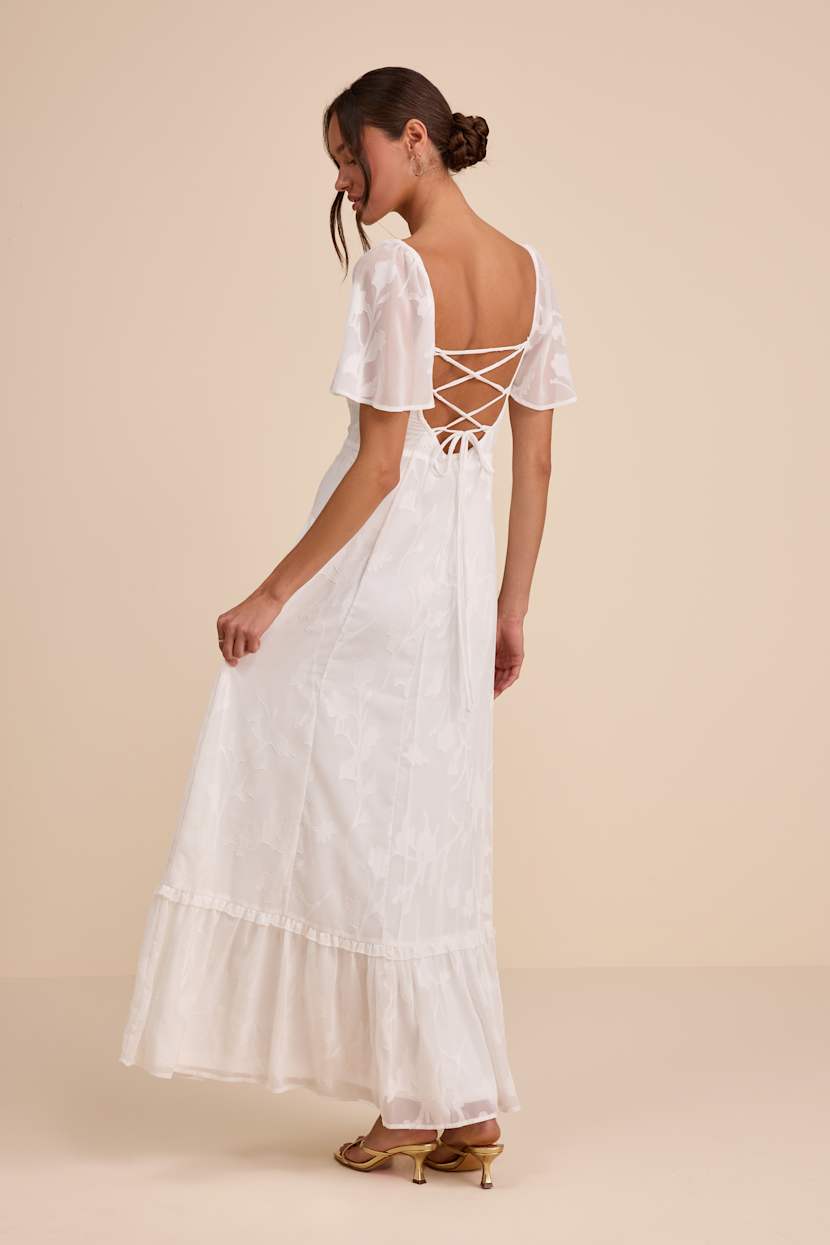 White Jacquard Lace-Up Maxi Dress | Womens | X-Small (Available in XXS, S, L) | 100% Polyester | Lulus