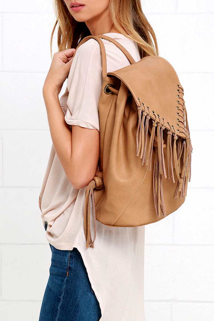 Cute Tan Backpack - Suede Fringe Backpack - Bucket Backpack  display picture 3