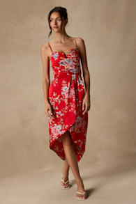 My Favorite Day Red Floral Print Tulip Skirt Midi Dress 2