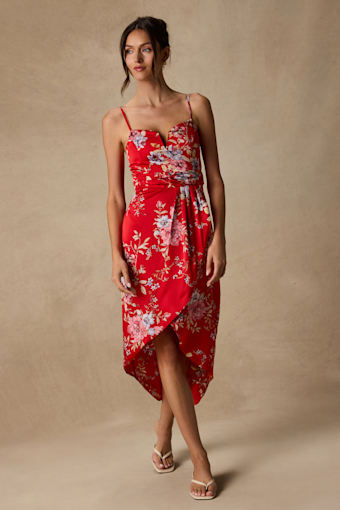 My Favorite Day Red Floral Print Tulip Skirt Midi Dress 2
