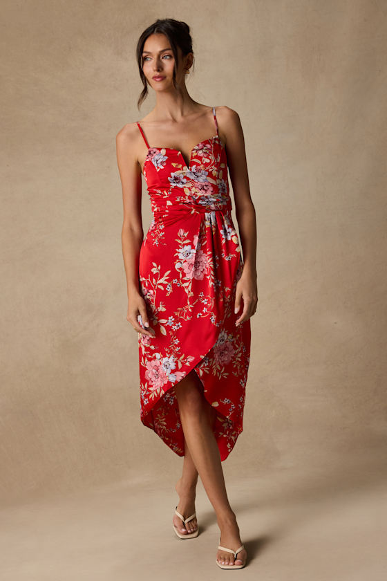 My Favorite Day Red Floral Print Tulip Skirt Midi Dress 2