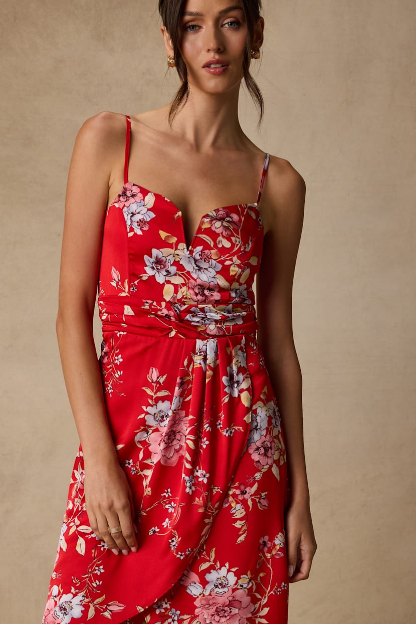 red floral print midi dress My Favorite Day Red Floral Print Tulip Skirt Midi Dress