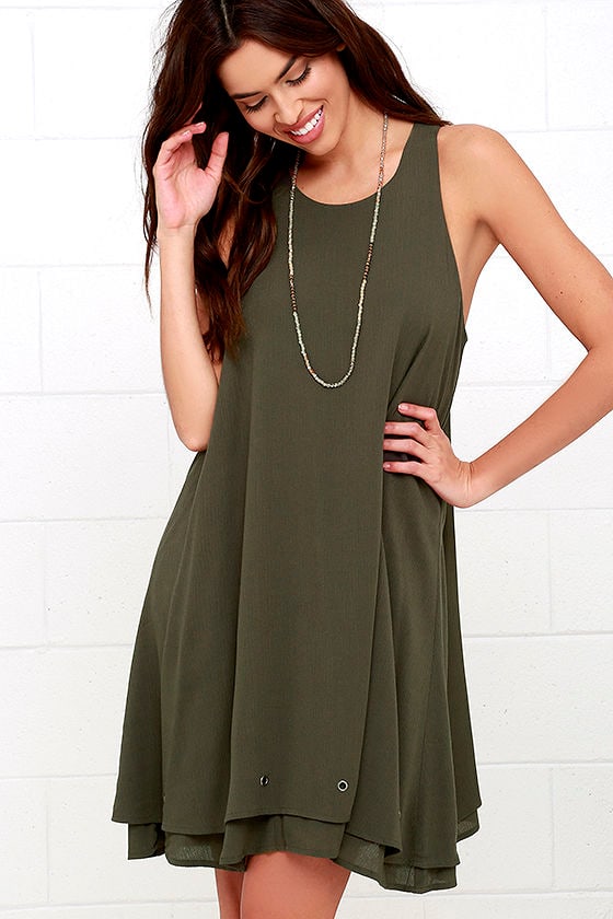 Cool Olive Green Dress - Swing Dress - Sleeveless Dress - Grommet Dress ...